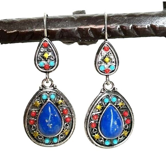 NEW  Cobalt Blue Teardrop Earrings Colorful Beads Silver Dangle Drop Boho - Picture 1 of 6